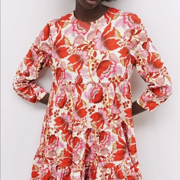 New Zara Mini Floral Dress S Red Pink - Picture 5 of 15